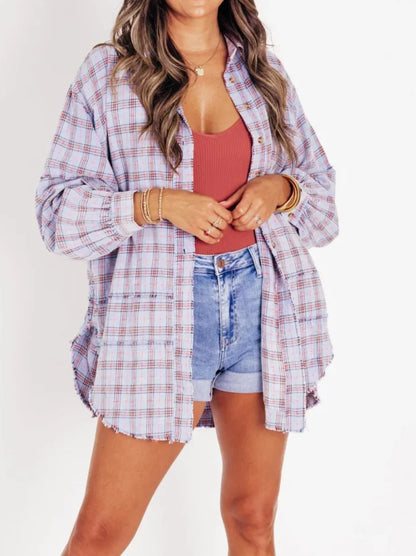 Women's Seams Raw Edge Washed Oversized Shirt Jacket with Pockets