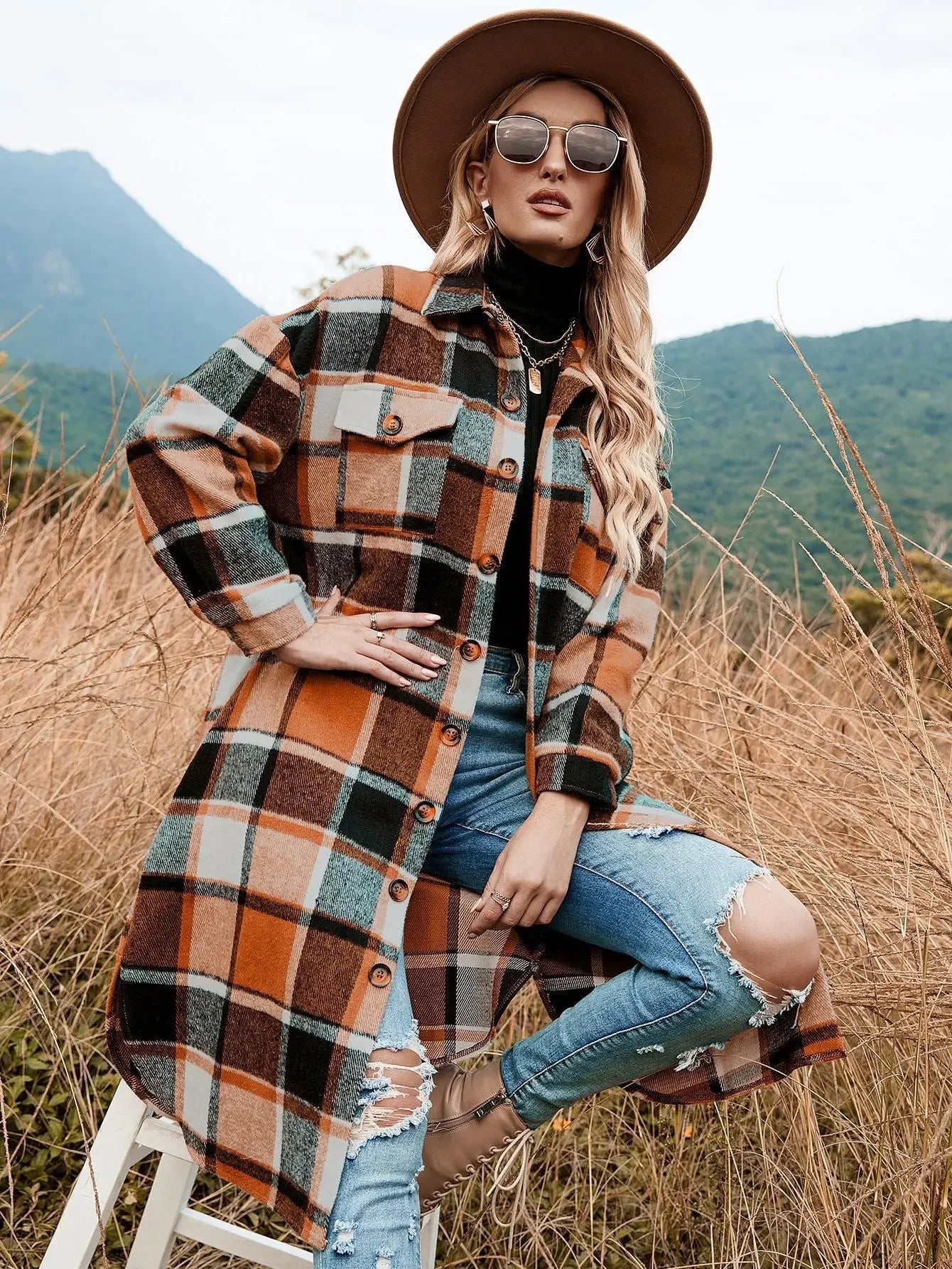 Dalizza™ Plaid Loose Fit Long Shirts Jacket