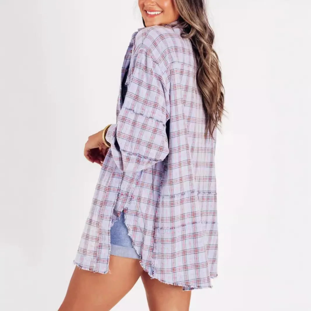 Women's Seams Raw Edge Washed Oversized Shirt Jacket with Pockets