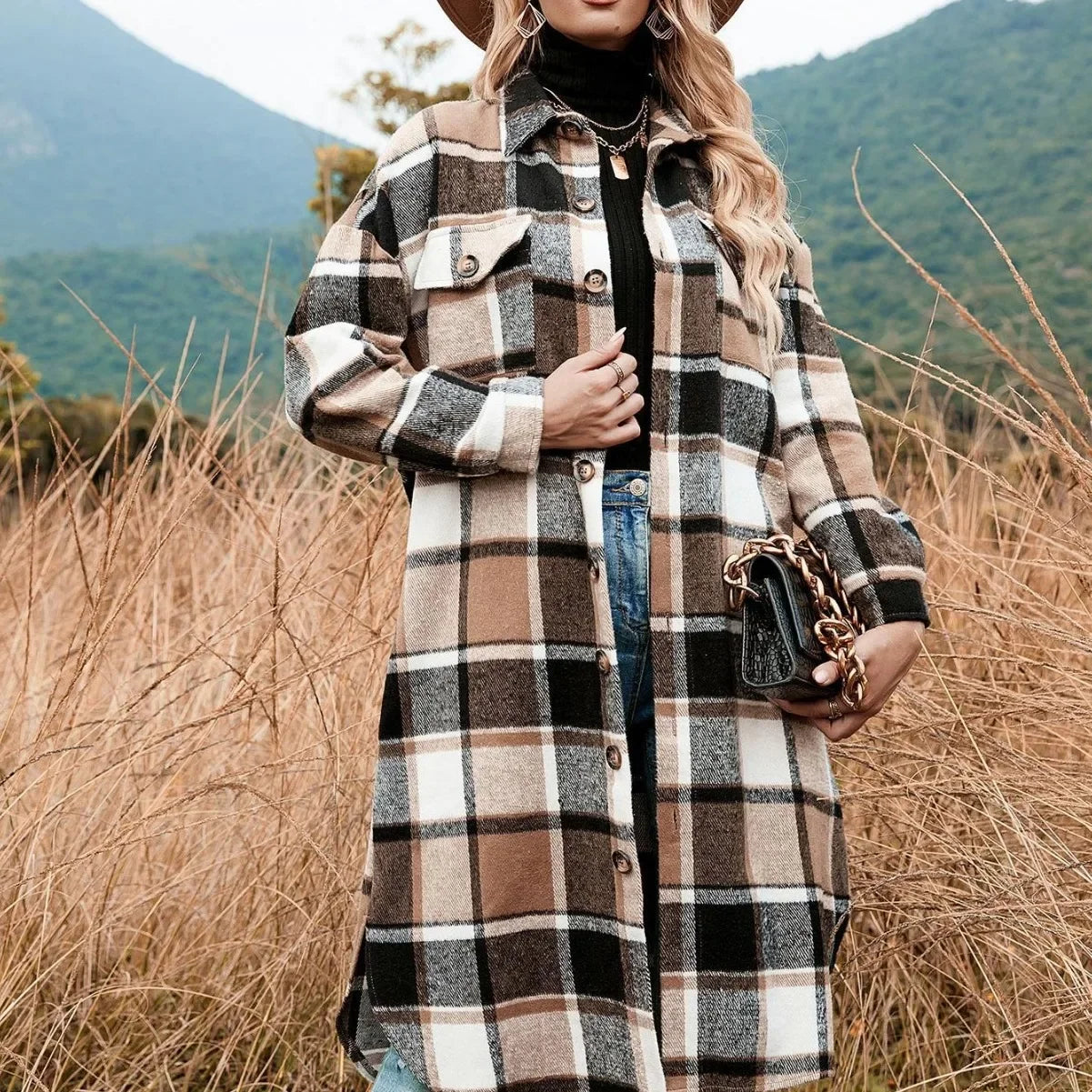 Dalizza™ Plaid Loose Fit Long Shirts Jacket