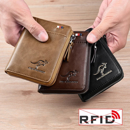 Cartera de hombre con cremallera de piel auténtica (protegida con RFID) 