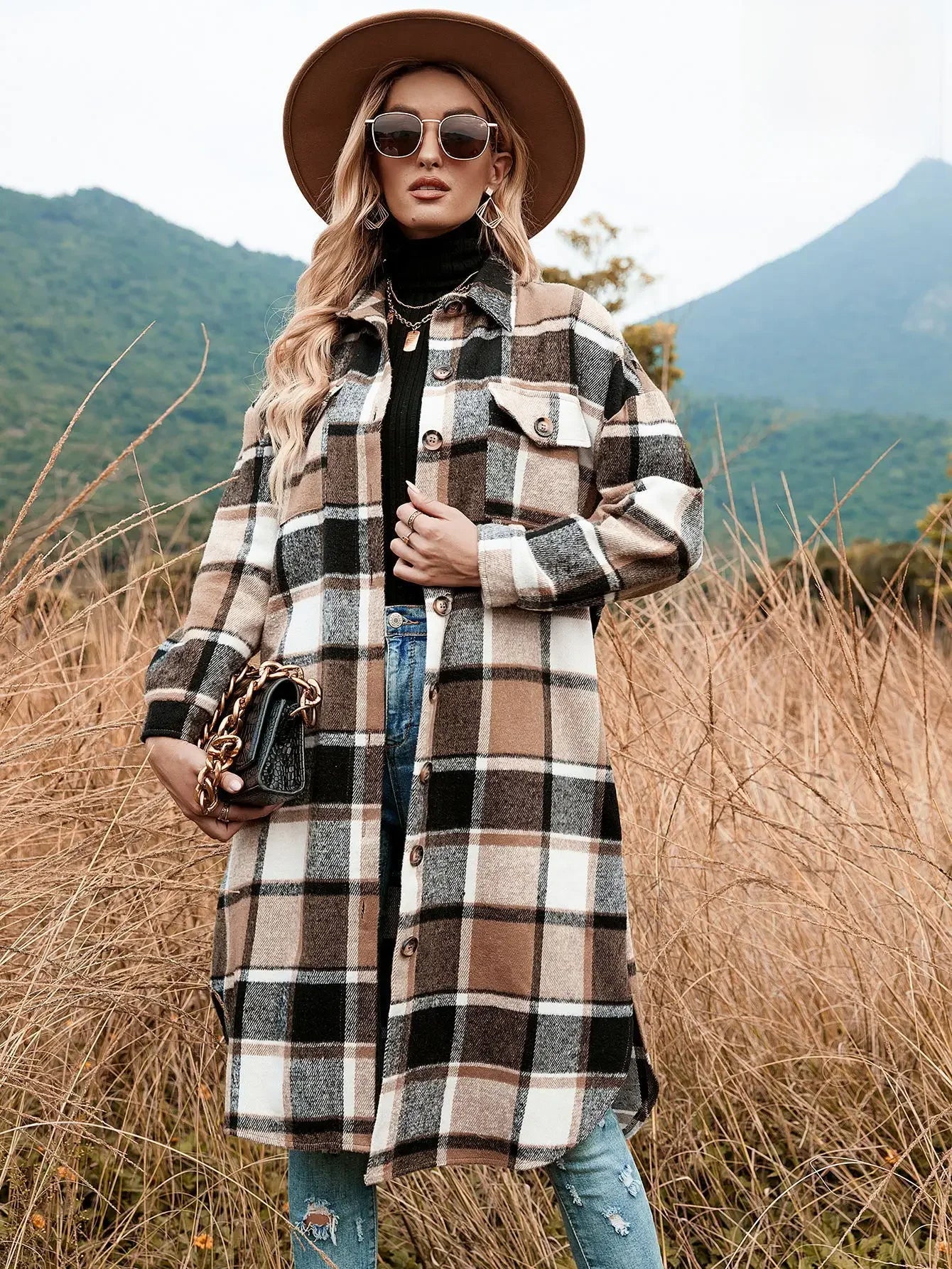 Dalizza™ Plaid Loose Fit Long Shirts Jacket