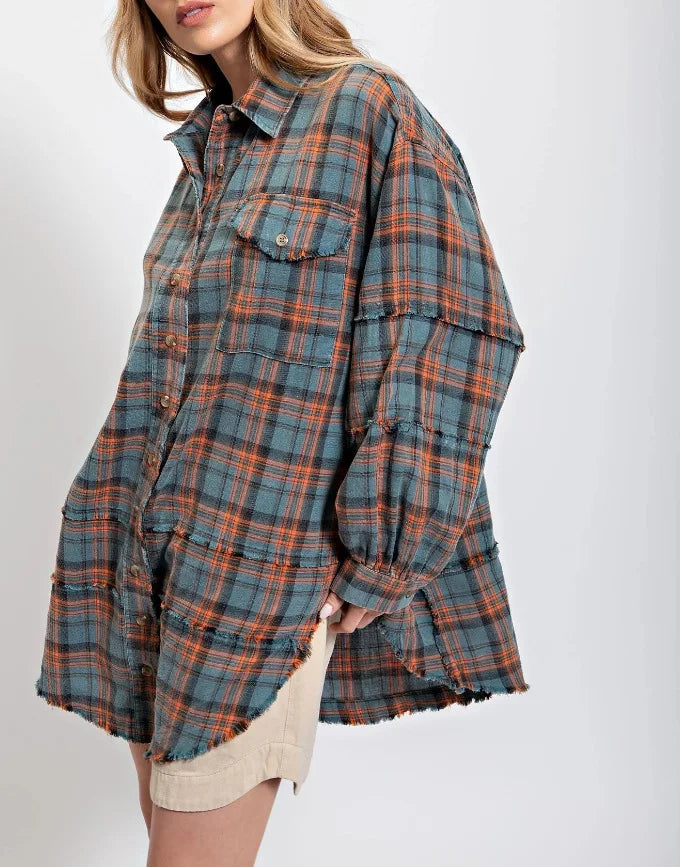 Women's Seams Raw Edge Washed Oversized Shirt Jacket with Pockets