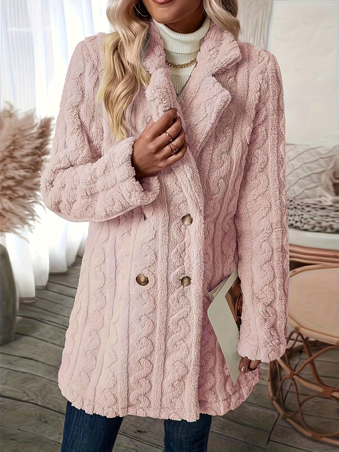 Long Sleeve Textured Thermal Double Breasted Lapel Teddy Coat