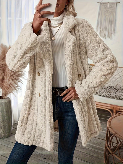 Long Sleeve Textured Thermal Double Breasted Lapel Teddy Coat